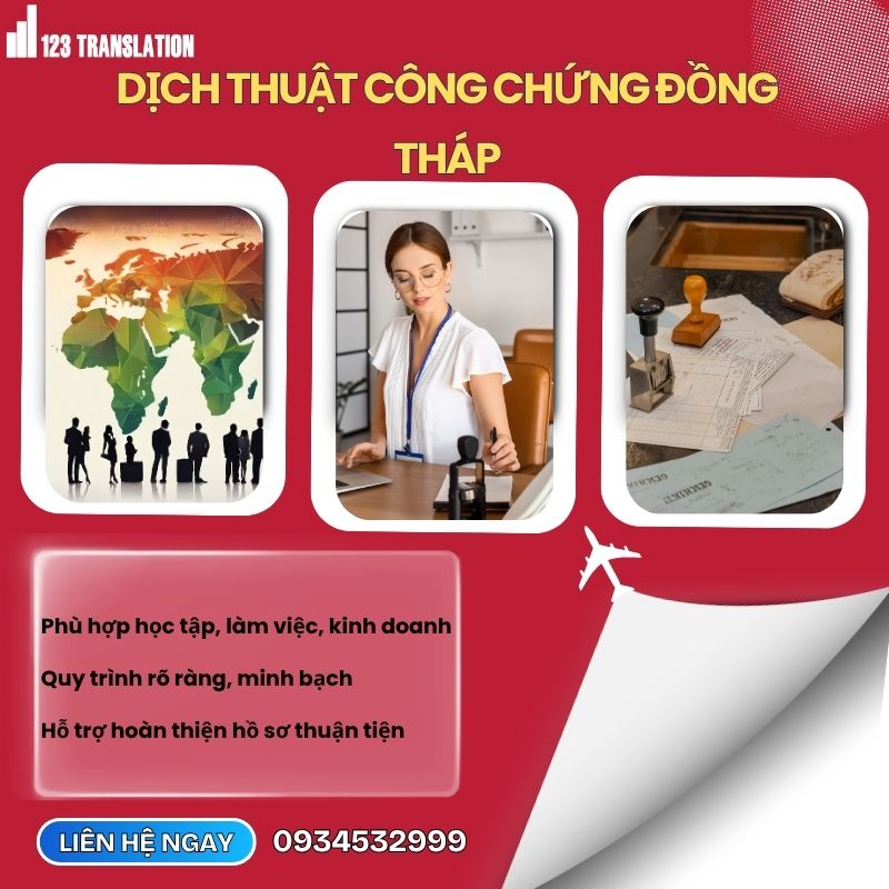 Dịch thuật công chứng Đồng Tháp hỗ trợ xử lý đa dạng tài liệu với quy trình rõ ràng, đội ngũ biên dịch giàu kinh nghiệm và luôn chú trọng chất lượng trong từng bản dịch.
