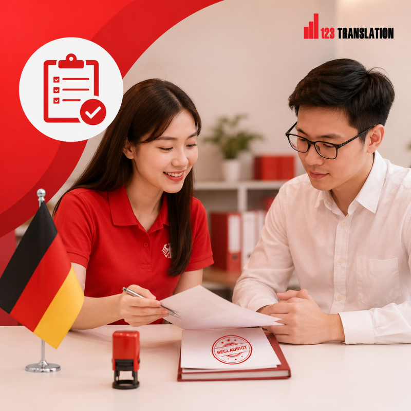 Dịch thuật công chứng tiếng Đức thường được sử dụng cho hồ sơ du học, xin visa, hồ sơ định cư, giấy khai sinh, bằng cấp, bảng điểm, giấy tờ cá nhân và nhiều loại tài liệu khác.