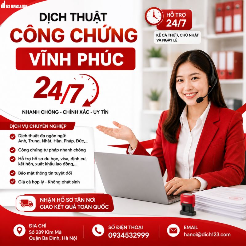 Dịch thuật công chứng Vĩnh Phúc 24/7