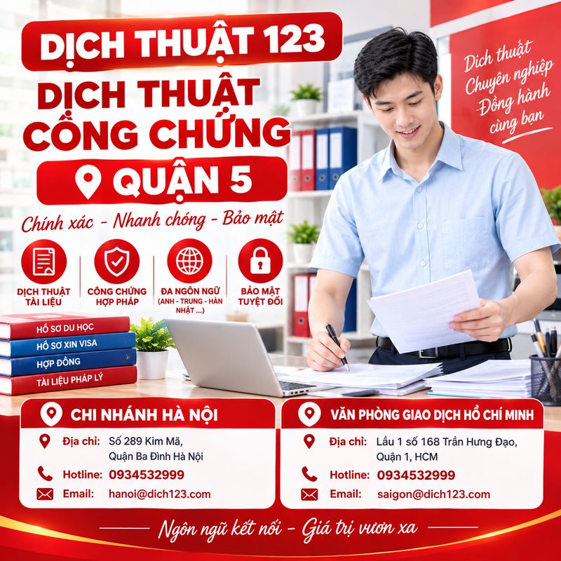Dịch thuật công chứng Quận 5 giúp khách hàng chuẩn bị hồ sơ theo yêu cầu của cơ quan tiếp nhận.